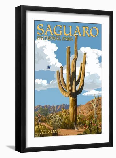 Saguaro National Park, Arizona - Roadrunner and Trail-Lantern Press-Framed Premium Giclee Print