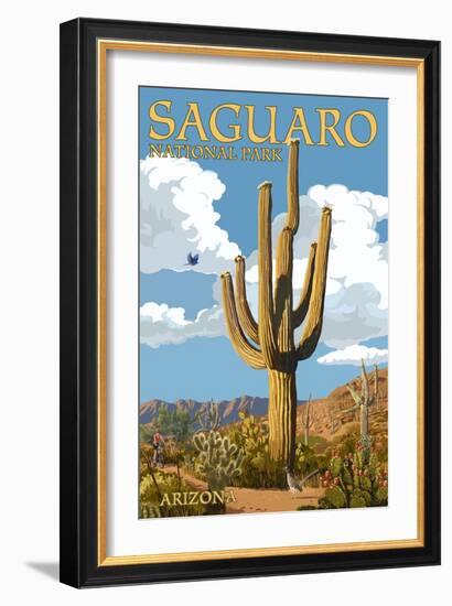 Saguaro National Park, Arizona - Roadrunner and Trail-Lantern Press-Framed Premium Giclee Print