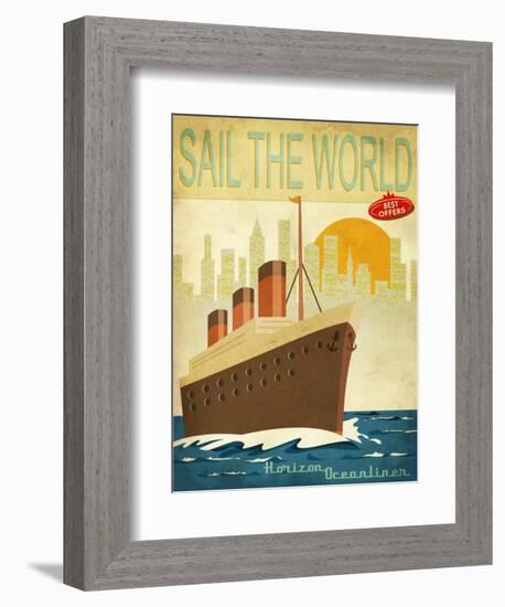 Sail The World - Vintage Poster With Ocean-Liner And Cityscape-LanaN.-Framed Premium Giclee Print