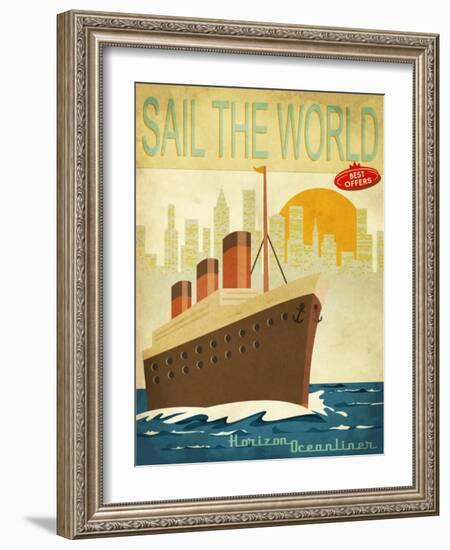 Sail The World - Vintage Poster With Ocean-Liner And Cityscape-LanaN.-Framed Art Print
