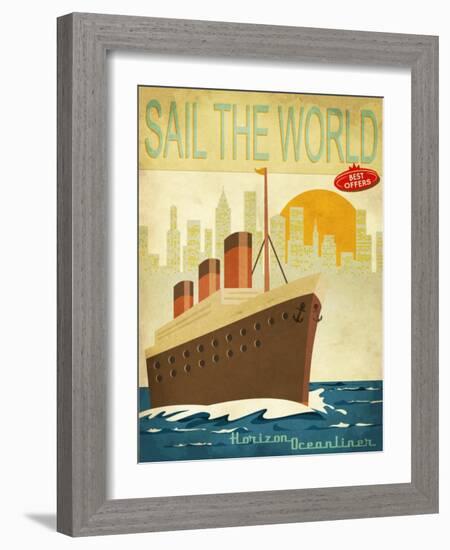 Sail The World - Vintage Poster With Ocean-Liner And Cityscape-LanaN.-Framed Art Print