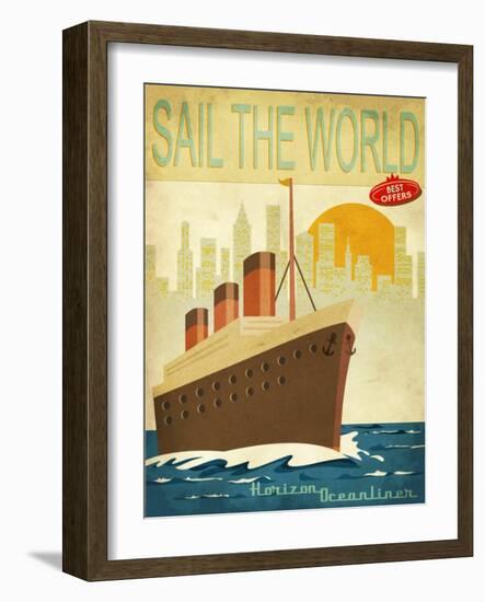 Sail The World - Vintage Poster With Ocean-Liner And Cityscape-LanaN.-Framed Art Print