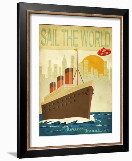 Sail The World - Vintage Poster With Ocean-Liner And Cityscape-LanaN.-Framed Art Print