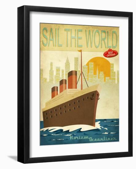 Sail The World - Vintage Poster With Ocean-Liner And Cityscape-LanaN.-Framed Art Print