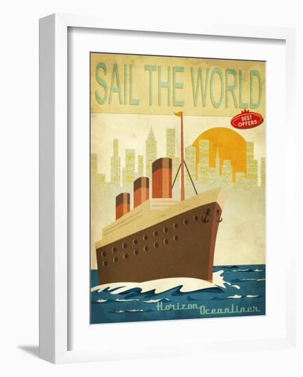 Sail The World - Vintage Poster With Ocean-Liner And Cityscape-LanaN.-Framed Art Print