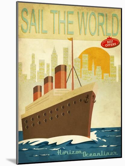 Sail The World - Vintage Poster With Ocean-Liner And Cityscape-LanaN.-Mounted Art Print