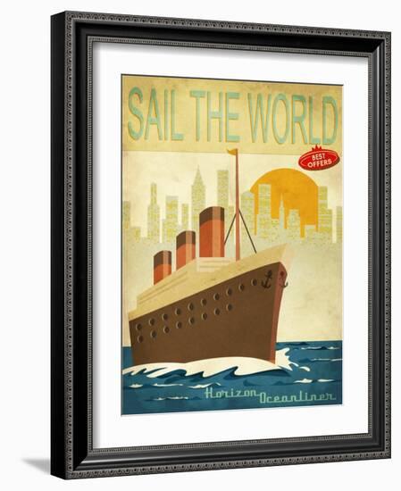Sail The World - Vintage Poster With Ocean-Liner And Cityscape-LanaN.-Framed Art Print