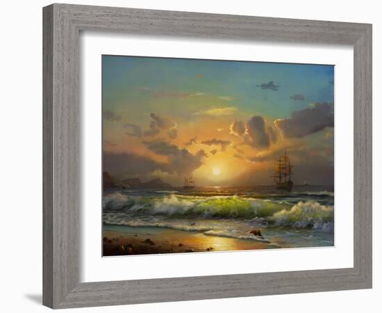 Sailboat Against A Background Of Sea Sunset, Oil Painting-Lilun-Framed Art Print