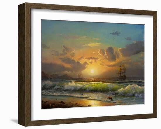 Sailboat Against A Background Of Sea Sunset, Oil Painting-Lilun-Framed Art Print