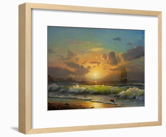 Sailboat Against A Background Of Sea Sunset, Oil Painting-Lilun-Framed Art Print