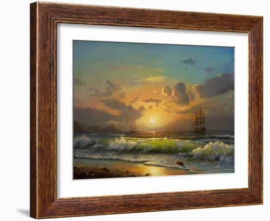 Sailboat Against A Background Of Sea Sunset, Oil Painting-Lilun-Framed Art Print