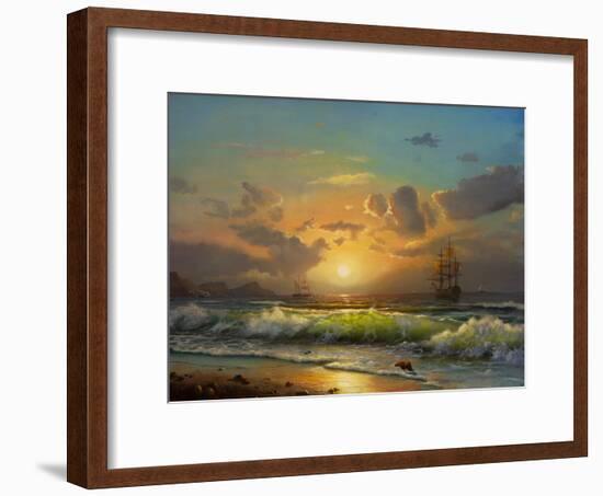 Sailboat Against A Background Of Sea Sunset, Oil Painting-Lilun-Framed Art Print