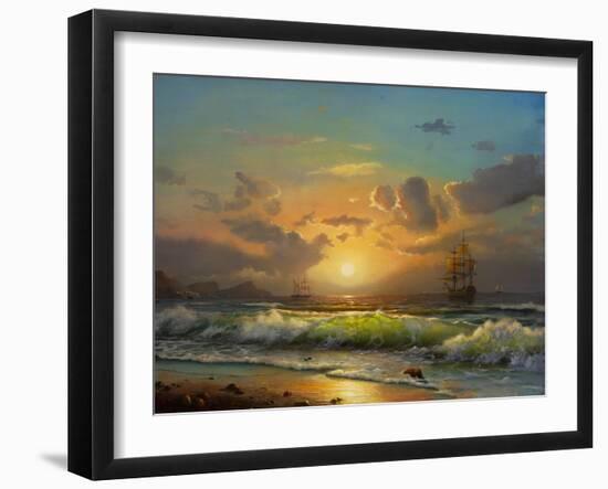 Sailboat Against A Background Of Sea Sunset, Oil Painting-Lilun-Framed Art Print