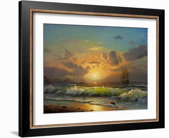 Sailboat Against A Background Of Sea Sunset, Oil Painting-Lilun-Framed Art Print