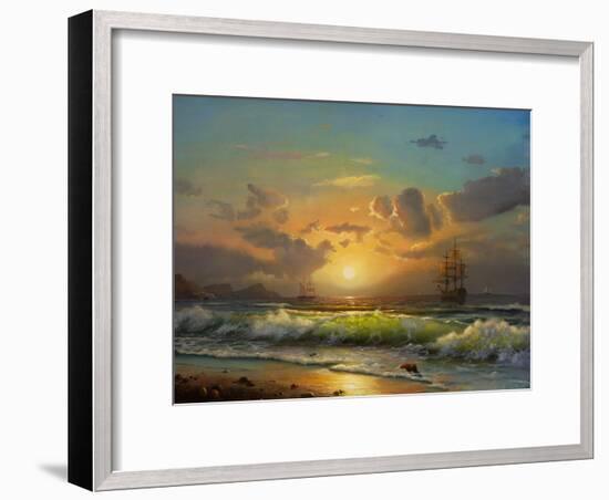 Sailboat Against A Background Of Sea Sunset, Oil Painting-Lilun-Framed Art Print