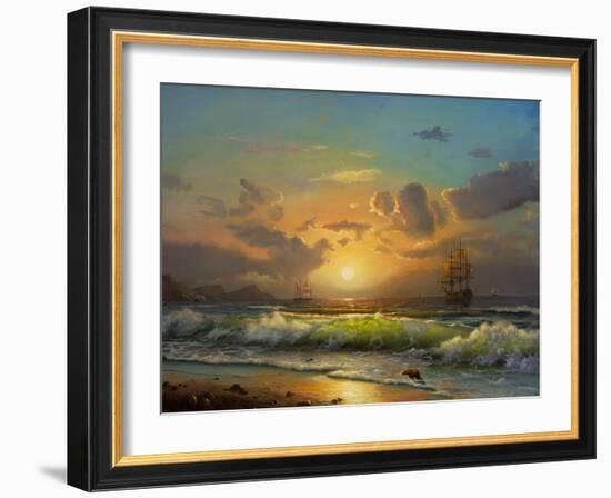 Sailboat Against A Background Of Sea Sunset, Oil Painting-Lilun-Framed Art Print