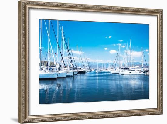 Sailboat Harbor, Many Beautiful Moored Sail Yachts in the Sea Port, Modern Water Transport, Summert-Anna Omelchenko-Framed Photographic Print