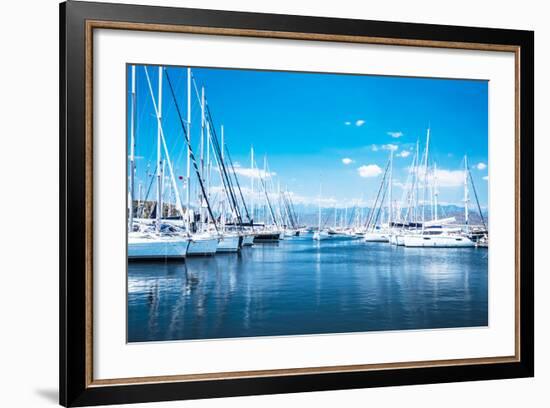 Sailboat Harbor, Many Beautiful Moored Sail Yachts in the Sea Port, Modern Water Transport, Summert-Anna Omelchenko-Framed Photographic Print