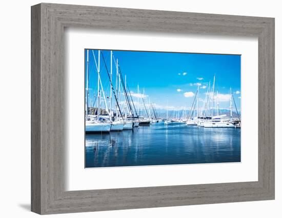 Sailboat Harbor, Many Beautiful Moored Sail Yachts in the Sea Port, Modern Water Transport, Summert-Anna Omelchenko-Framed Photographic Print