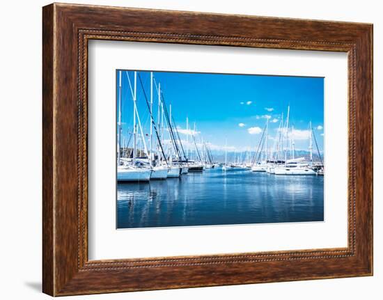 Sailboat Harbor, Many Beautiful Moored Sail Yachts in the Sea Port, Modern Water Transport, Summert-Anna Omelchenko-Framed Photographic Print