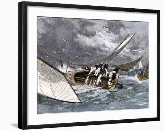 Sailboat Heeling Over in a Hiker-Yacht Race on the Delaware River, 1870s-null-Framed Giclee Print