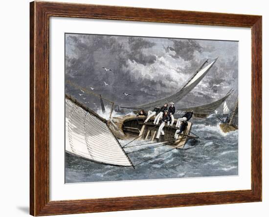 Sailboat Heeling Over in a Hiker-Yacht Race on the Delaware River, 1870s-null-Framed Giclee Print