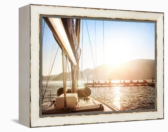 Sailboat on Sunset, Luxurious Water Transport, Bright Sun Light on the Sea, Evening Travel on Sail-Anna Omelchenko-Framed Premier Image Canvas