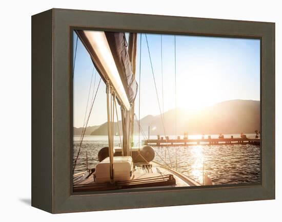 Sailboat on Sunset, Luxurious Water Transport, Bright Sun Light on the Sea, Evening Travel on Sail-Anna Omelchenko-Framed Premier Image Canvas