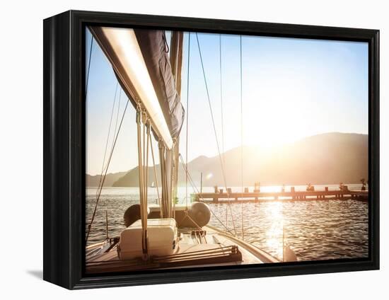 Sailboat on Sunset, Luxurious Water Transport, Bright Sun Light on the Sea, Evening Travel on Sail-Anna Omelchenko-Framed Premier Image Canvas