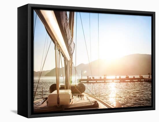 Sailboat on Sunset, Luxurious Water Transport, Bright Sun Light on the Sea, Evening Travel on Sail-Anna Omelchenko-Framed Premier Image Canvas