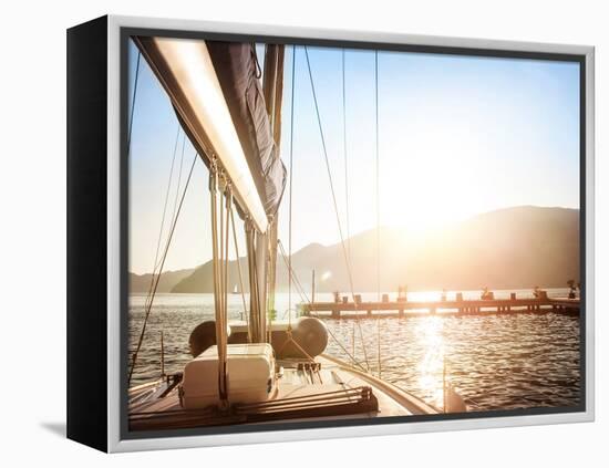 Sailboat on Sunset, Luxurious Water Transport, Bright Sun Light on the Sea, Evening Travel on Sail-Anna Omelchenko-Framed Premier Image Canvas