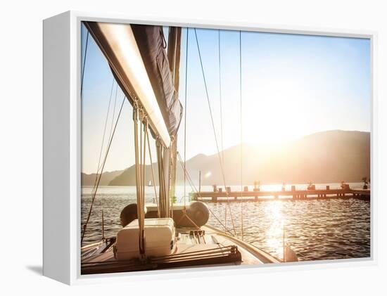 Sailboat on Sunset, Luxurious Water Transport, Bright Sun Light on the Sea, Evening Travel on Sail-Anna Omelchenko-Framed Premier Image Canvas