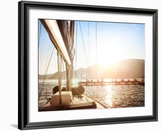 Sailboat on Sunset, Luxurious Water Transport, Bright Sun Light on the Sea, Evening Travel on Sail-Anna Omelchenko-Framed Photographic Print