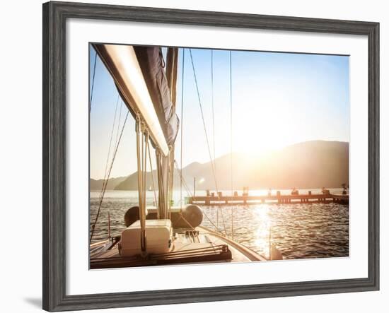 Sailboat on Sunset, Luxurious Water Transport, Bright Sun Light on the Sea, Evening Travel on Sail-Anna Omelchenko-Framed Photographic Print