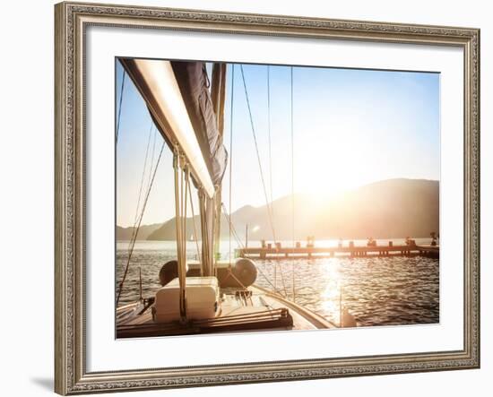 Sailboat on Sunset, Luxurious Water Transport, Bright Sun Light on the Sea, Evening Travel on Sail-Anna Omelchenko-Framed Photographic Print