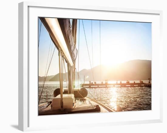 Sailboat on Sunset, Luxurious Water Transport, Bright Sun Light on the Sea, Evening Travel on Sail-Anna Omelchenko-Framed Photographic Print