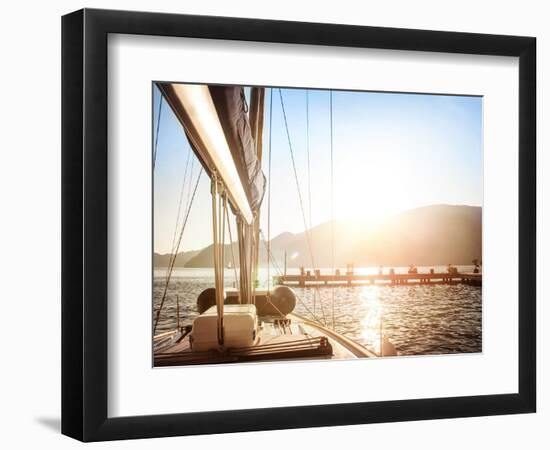 Sailboat on Sunset, Luxurious Water Transport, Bright Sun Light on the Sea, Evening Travel on Sail-Anna Omelchenko-Framed Photographic Print