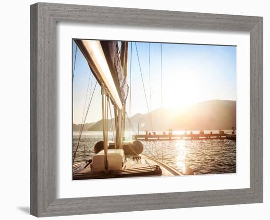 Sailboat on Sunset, Luxurious Water Transport, Bright Sun Light on the Sea, Evening Travel on Sail-Anna Omelchenko-Framed Photographic Print