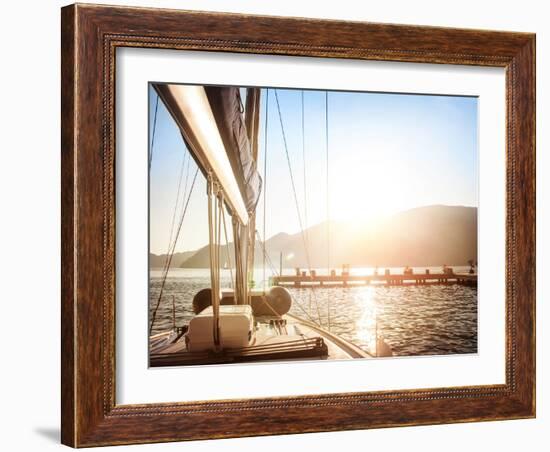 Sailboat on Sunset, Luxurious Water Transport, Bright Sun Light on the Sea, Evening Travel on Sail-Anna Omelchenko-Framed Photographic Print