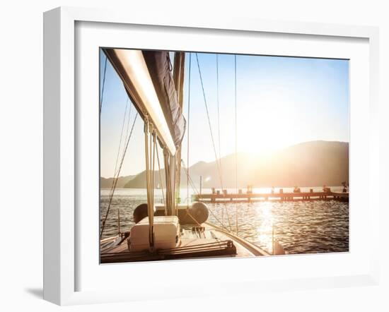 Sailboat on Sunset, Luxurious Water Transport, Bright Sun Light on the Sea, Evening Travel on Sail-Anna Omelchenko-Framed Photographic Print