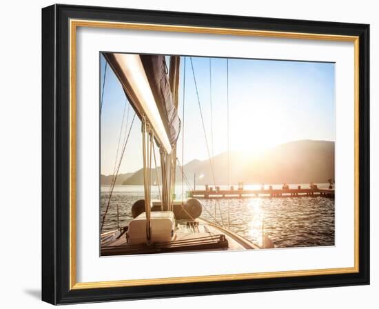 Sailboat on Sunset, Luxurious Water Transport, Bright Sun Light on the Sea, Evening Travel on Sail-Anna Omelchenko-Framed Photographic Print