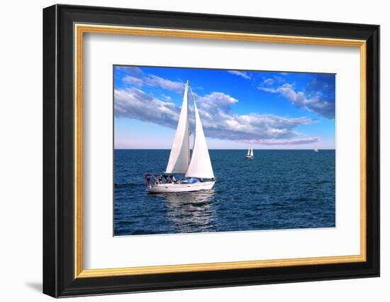 Sailboat Sailing in the Morning with Blue Cloudy Sky-elenathewise-Framed Photographic Print