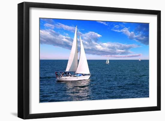 Sailboat Sailing in the Morning with Blue Cloudy Sky-elenathewise-Framed Photographic Print