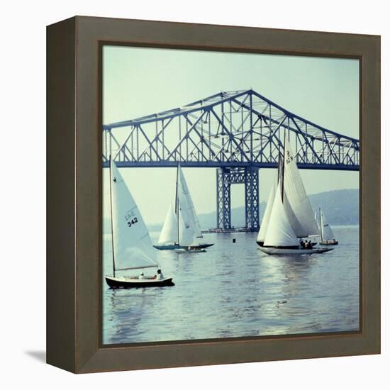 Sailboats in Front of the Central Part of the Tappan Zee Bridge over the Hudson River-Andreas Feininger-Framed Premier Image Canvas