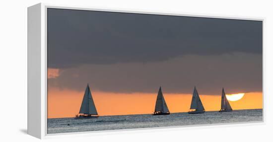 Sailboats in the Ocean at Sunset, Waikiki, Honolulu, Oahu, Hawaii, USA-Keith Levit-Framed Premier Image Canvas
