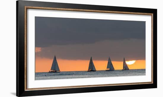 Sailboats in the Ocean at Sunset, Waikiki, Honolulu, Oahu, Hawaii, USA-Keith Levit-Framed Photographic Print