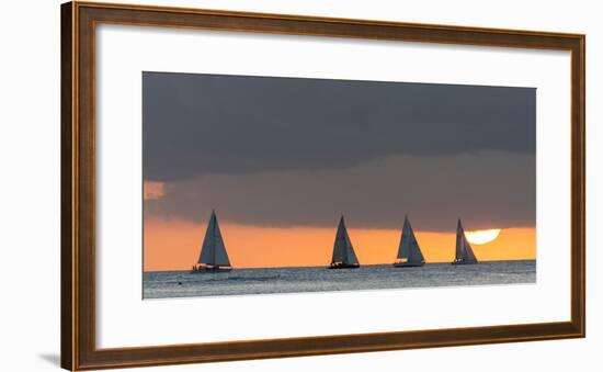 Sailboats in the Ocean at Sunset, Waikiki, Honolulu, Oahu, Hawaii, USA-Keith Levit-Framed Photographic Print