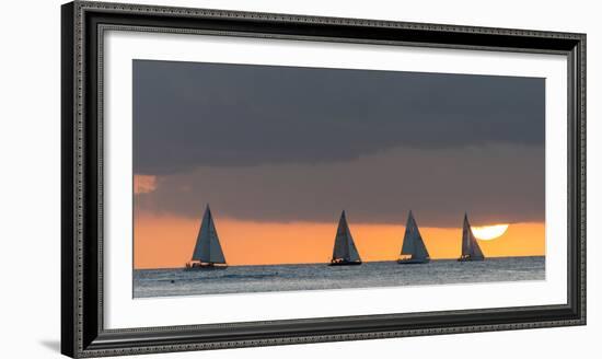 Sailboats in the Ocean at Sunset, Waikiki, Honolulu, Oahu, Hawaii, USA-Keith Levit-Framed Photographic Print