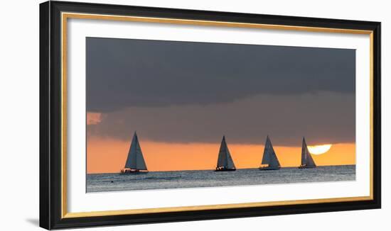 Sailboats in the Ocean at Sunset, Waikiki, Honolulu, Oahu, Hawaii, USA-Keith Levit-Framed Photographic Print