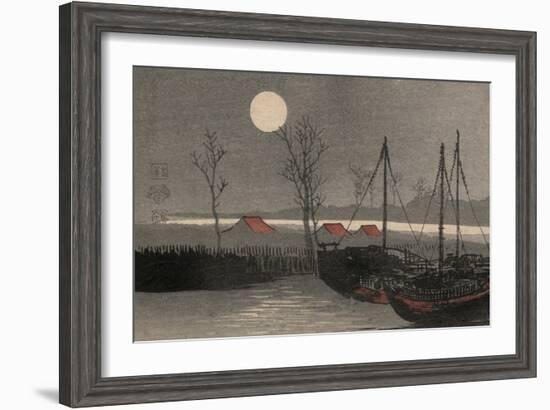 Sailboats Moored under the Moon.-Uehara Konen-Framed Art Print